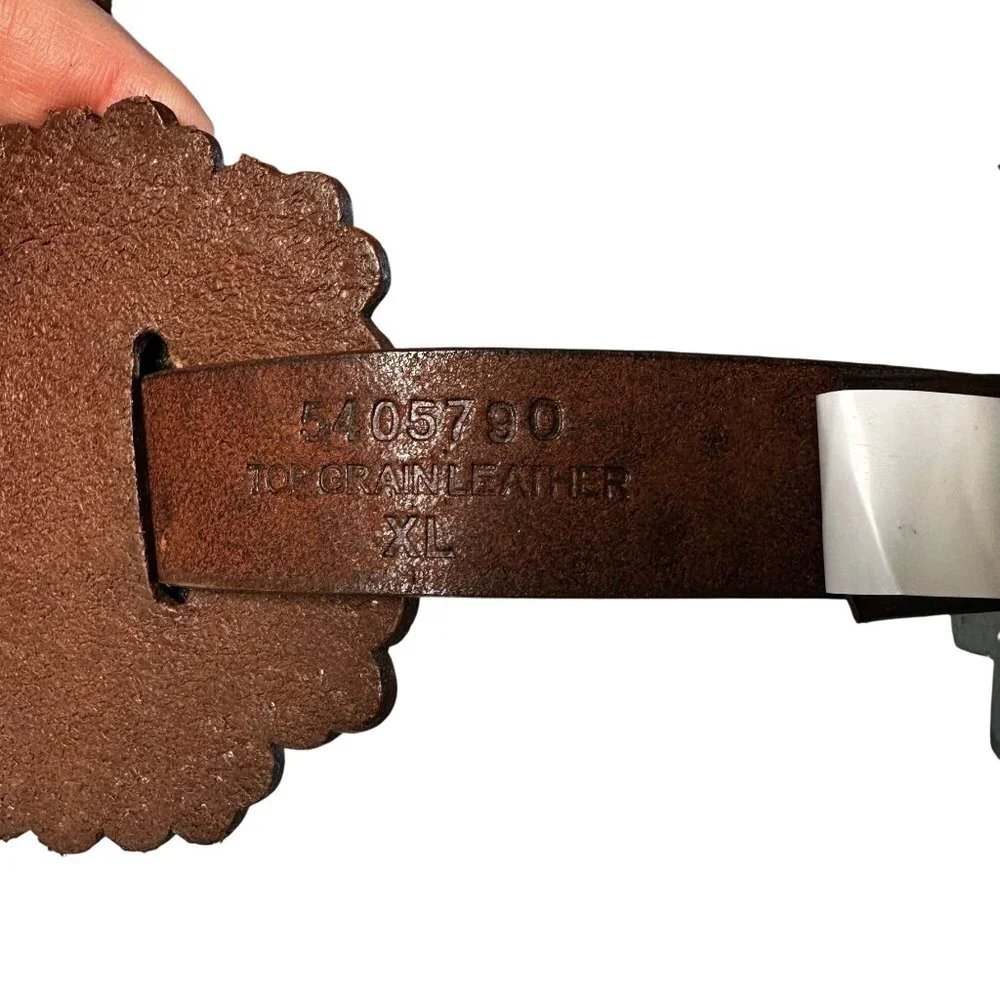 Vintage 80s Leather Concho Belt Brown Silver Hardware Heavy Western Large - Picture 8 of 10